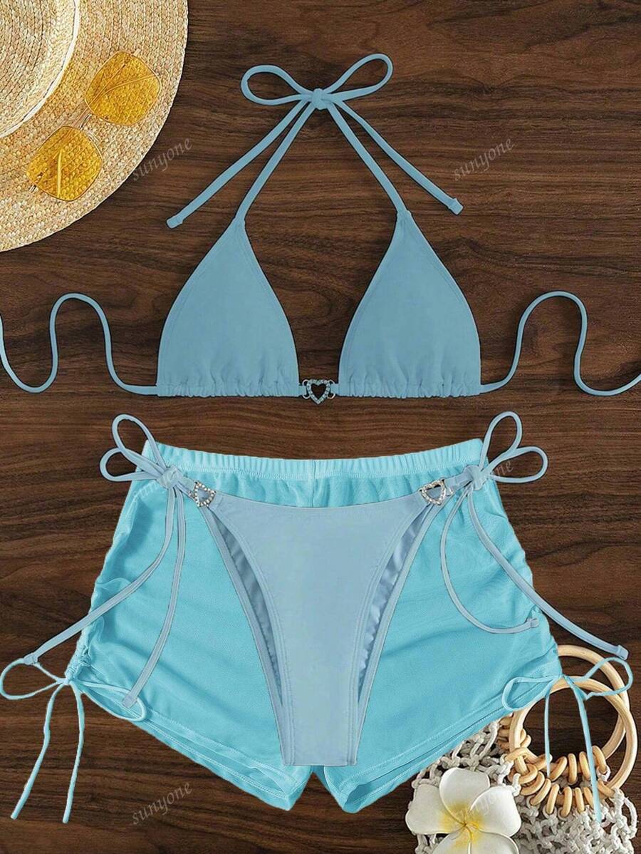 3pcs/Set Light Blue Bowknot Rhinestone Decor Bikini Set Swimwear With Cover-Up Shorts, Sunproof, For Summer Beach Vacation