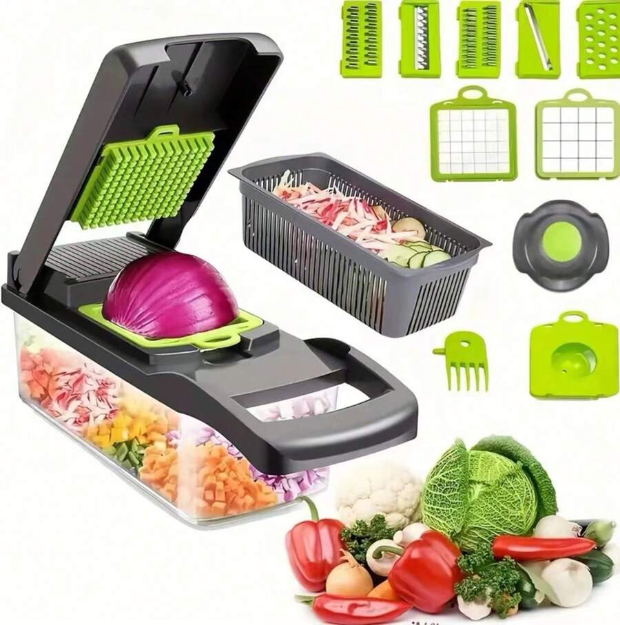 16 Pieces/1 Set Multifunctional Vegetable Cutter, Fruit Slicer, Handheld Food Grinder, Onion Grinder, Potato Shredder With Container, Space-Saving Kitchen Gadgets For Easy Meal Preparation, Kitchen Accessories, Cocina