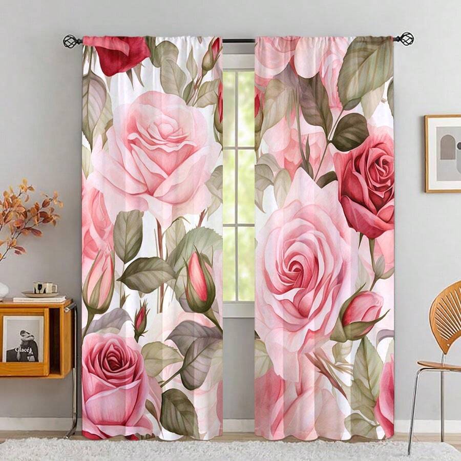 2 pièces Rideaux à fleurs roses et violets vifs - Conception à poche de tige pour l'intimité et une installation facile - Parfait pour la décoration du salon et de la chambre à coucher, lavable en machine