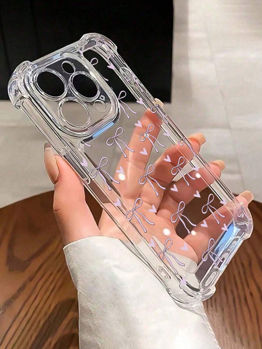 Apple Cute Bow & Heart Design Transparent Phone Case With Shock-Absorbing Corners, Compatible With IPhone 14/15/16/16 Pro Max/12 Pro/11/Xr/Xs/7/8 Plus - TPU Material IPhone Cases