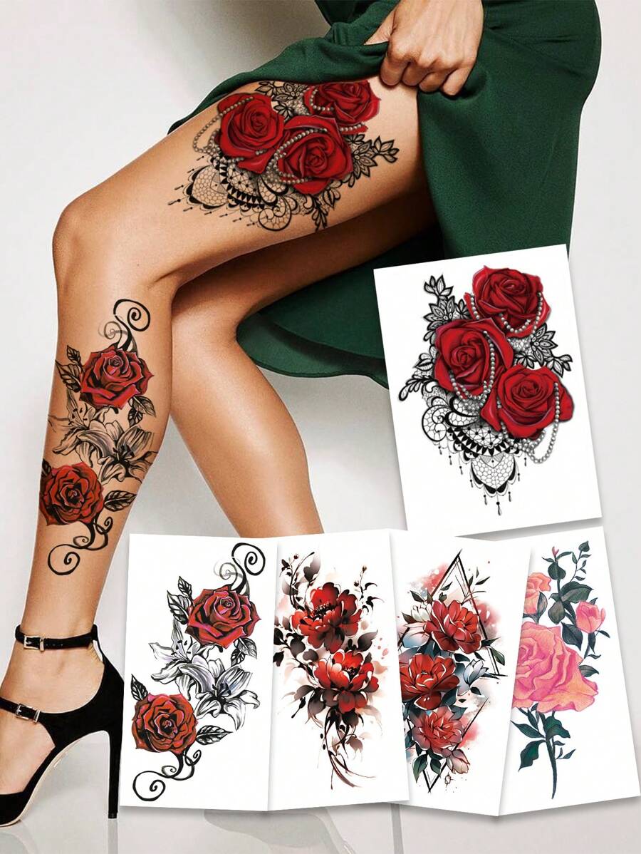 (Pack Of 5 PCS) Rose Pattern And Colorful Flower Temporary Tattoo Stickers, Female Sexy Fake Tattoos, 3D Floral Realistic Leg/Belly Tattoos, Large Size Body Art Realistic Fake Tattoos, Lasting 2-5 Days, Waterproof And Sweat Resistant Temporary Tattoos, Temporary Tattoos That Can Cover Scars, For Arms, Calves, Thighs, Neck, Waist, Chest