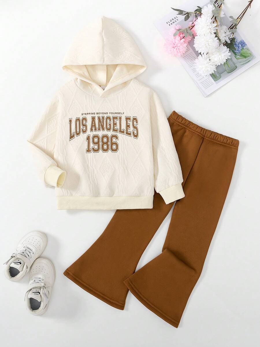 2 pièces Ensemble Jeune Fille Casual Sports Tricot Texturé Impression Lettre sweat-shirt à capuche Manches Longues et Pantalon Évasé unicolore, Automne/Hiver