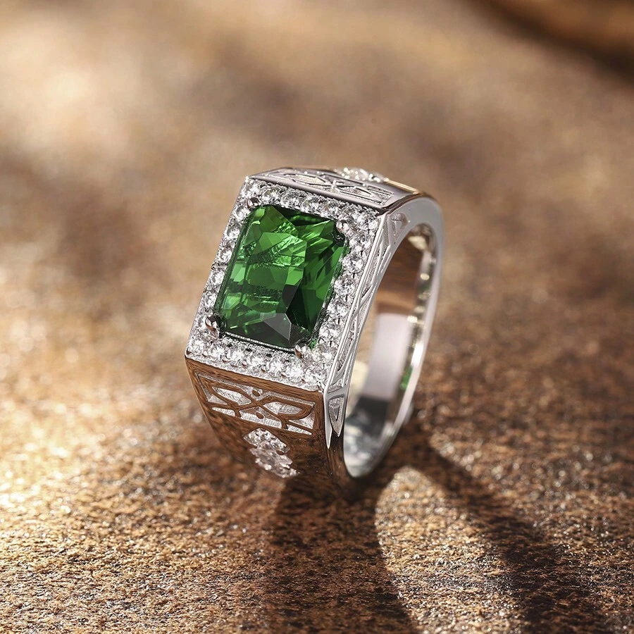1 st. S925 sterling zilveren ring voor mannen, 8*10 mm vierkante, in het laboratorium gecreëerde groene edelsteen, geschikt voor Vaderdag, Valentijnsdag, St. Patrick's Day, verjaardag, jubileum, bruiloft, feest, cadeau, dagelijks gebruik, wordt geleverd met een delicate geschenkdoos, 10 g zilvergewicht