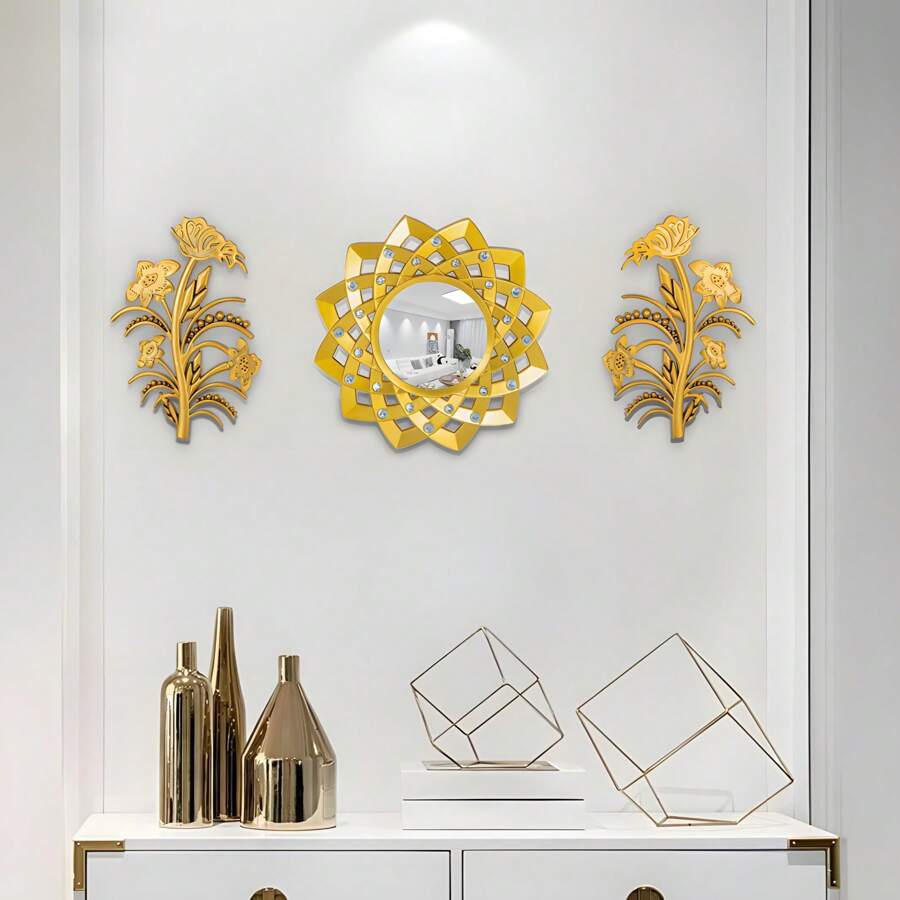 Set di 3 specchi da parete in plastica dorata creativa, decorazione da parete elegante e di lusso, senza elettricità necessaria (25 cm/9,84 pollici), ideale per soggiorno, camera da letto, ingresso, decorazione per la casa, ottimo regalo