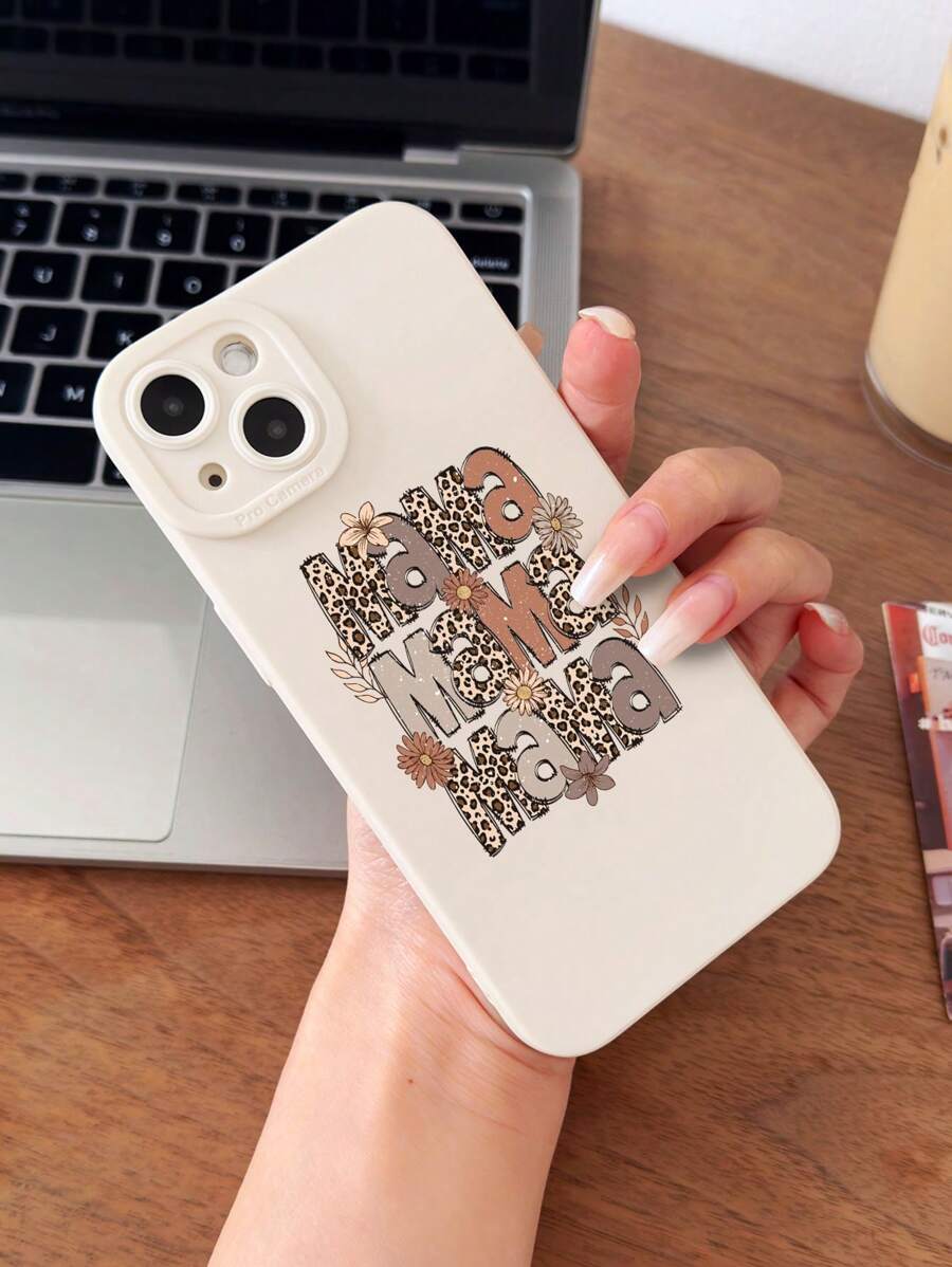 Animal 1pc Minimalist Leopard Print "MAMA" Leaf & Flower Pattern Cat Eye Retro White Full Cover Phone Case Compatible With IPhone 11/12/13/14/15 Pro Max