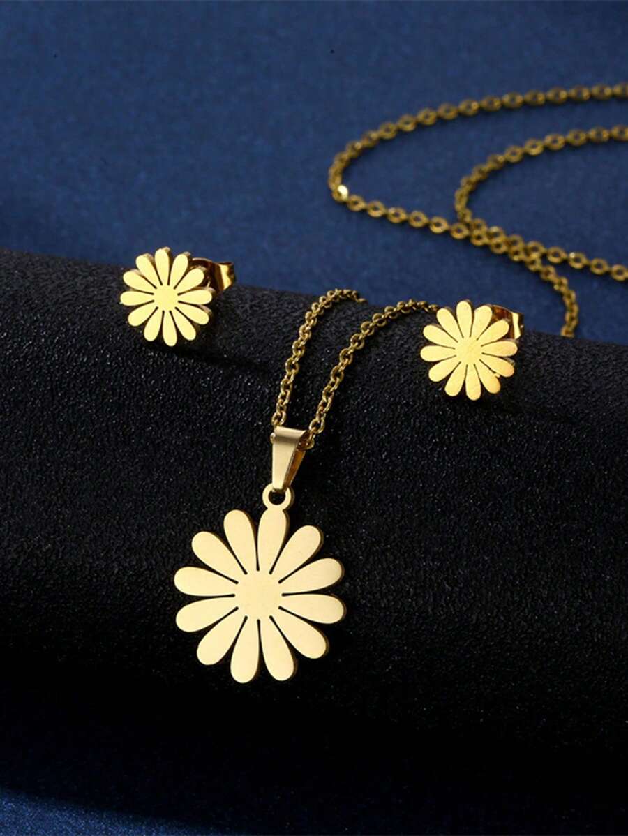 3 Stücke minimalistisches Set aus Edelstahl Gänseblümchen Ohrringe und Halsketten-Anhänger
