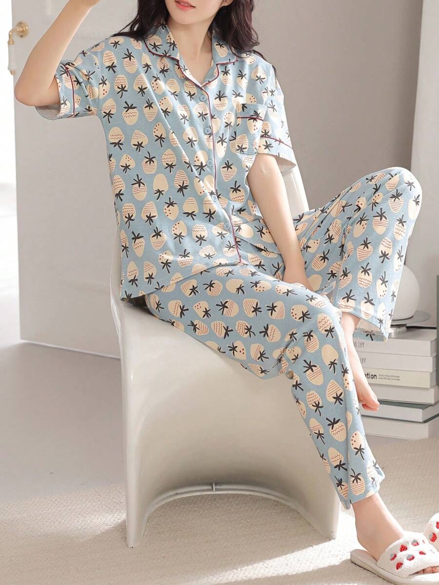2024 New V-Neck Strawberry Print Blue Short Sleeve T-Shirt And Pants 2pcs Loungewear Set For Women