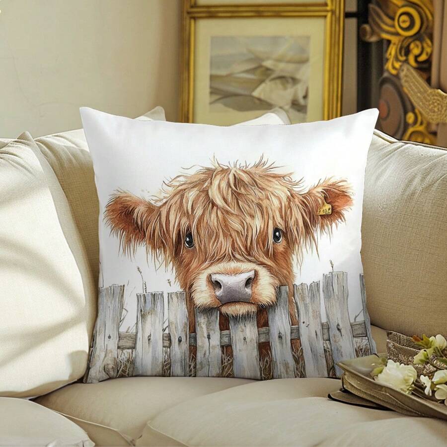 1pc/2pcs Simple Highland Cow Plush Throw Pillow Cover, Single Sided Skin-Friendly Peach Velvet, 45*45cm Sofa Cushion Cover For Home Decor, Party Decoration, Gift