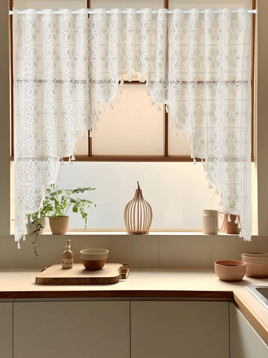 1pc Simple Lace Flower Tassel Valance Curtain, Floral Lace Tassel Window Curtain Decor For Kitchen, Living Room, Suitable For Holiday, Party, Birthday, Home Decor