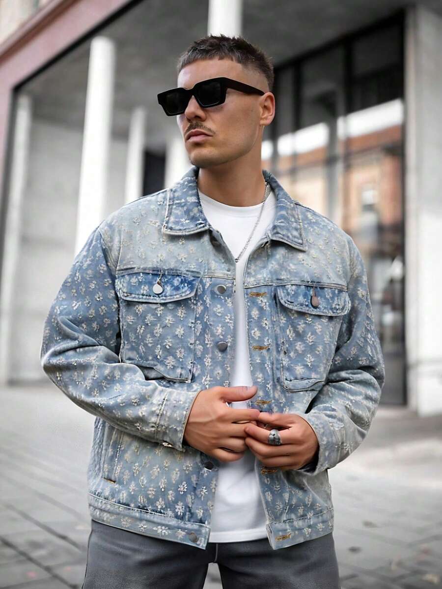 Men's Retro Streetwear Fashion American Style Floral Print Denim Jacket, & Niche