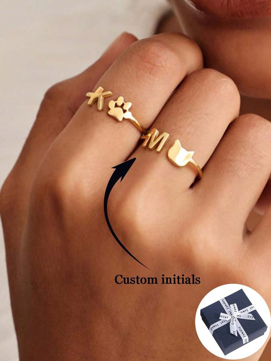 1 pieza Anillo con inicial personalizada, Anillo en forma de garra de gato lindo, regalo para ella, anillo ajustable abierto de acero inoxidable, anillo para el dedo, regalo para amantes de las mascotas, regalo conmemorativo de mascotas, regalo de San Valentín