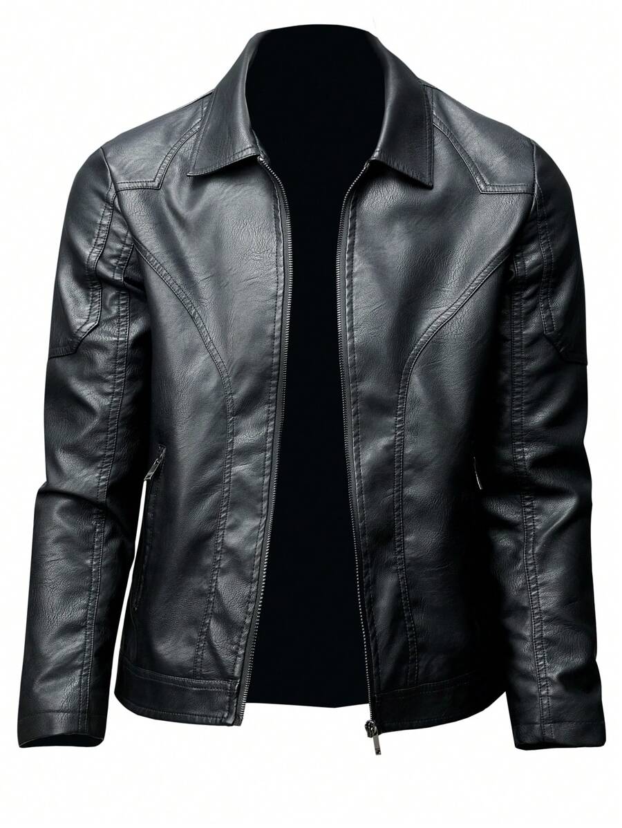 Non-Stretch Regular Fit Men's Casual Hooded Leather Jacket With Zipper, Solid Color, Polyester Fiber, Pockets - GSON Style
