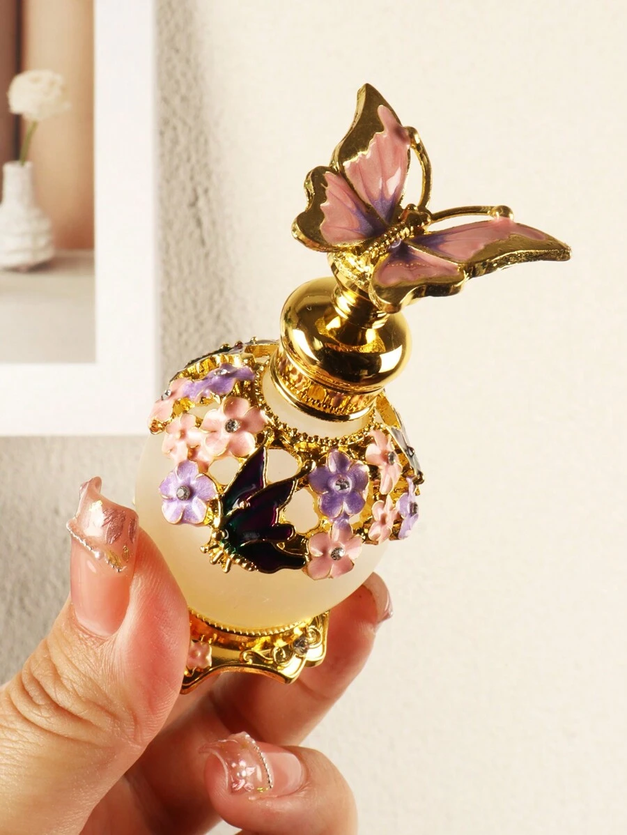 Luxury Style 15ml Vintage Pink Butterfly Perfume Bottle Decorative Empty Refillable Perfume Container Fancy Essential Oils Dropper Bottle Decor