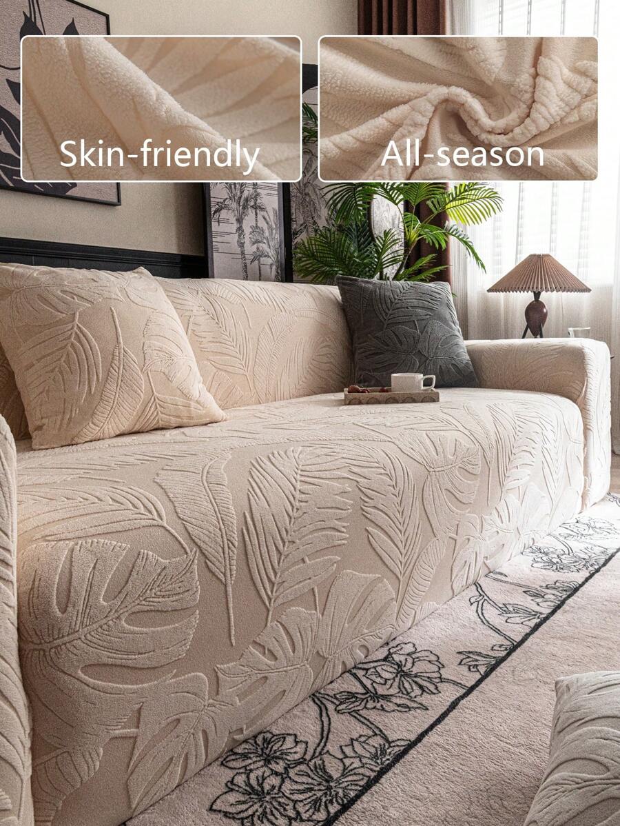 1pc High Elastic Solid Color Plush Fabric Stretch Sofa Cover, All Inclusive Anti-Scratch Anti-Slip Washable Couch Slipcover For 1/2/3/4/5 Seat Sofa In Living Room