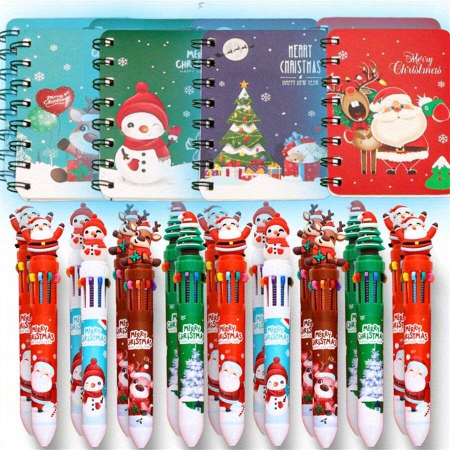 Set Of 4 A7 Notebooks + 4 10-In-1 Multicolor Ballpoint Pens, Christmas Gift Exchange, 80-Page Bound Christmas-Themed Notebooks, Portable Pocket Notebooks, Office Supplies, Student Gift, Christmas Present,Xmas Gifts Kids,Pen Set,Kids Toy,Christmas Decor,Christmas Gifts Students,Christmas Goodies,Christmas Presents For Children,Office Supplies Set,Girls Notebook,Back To School