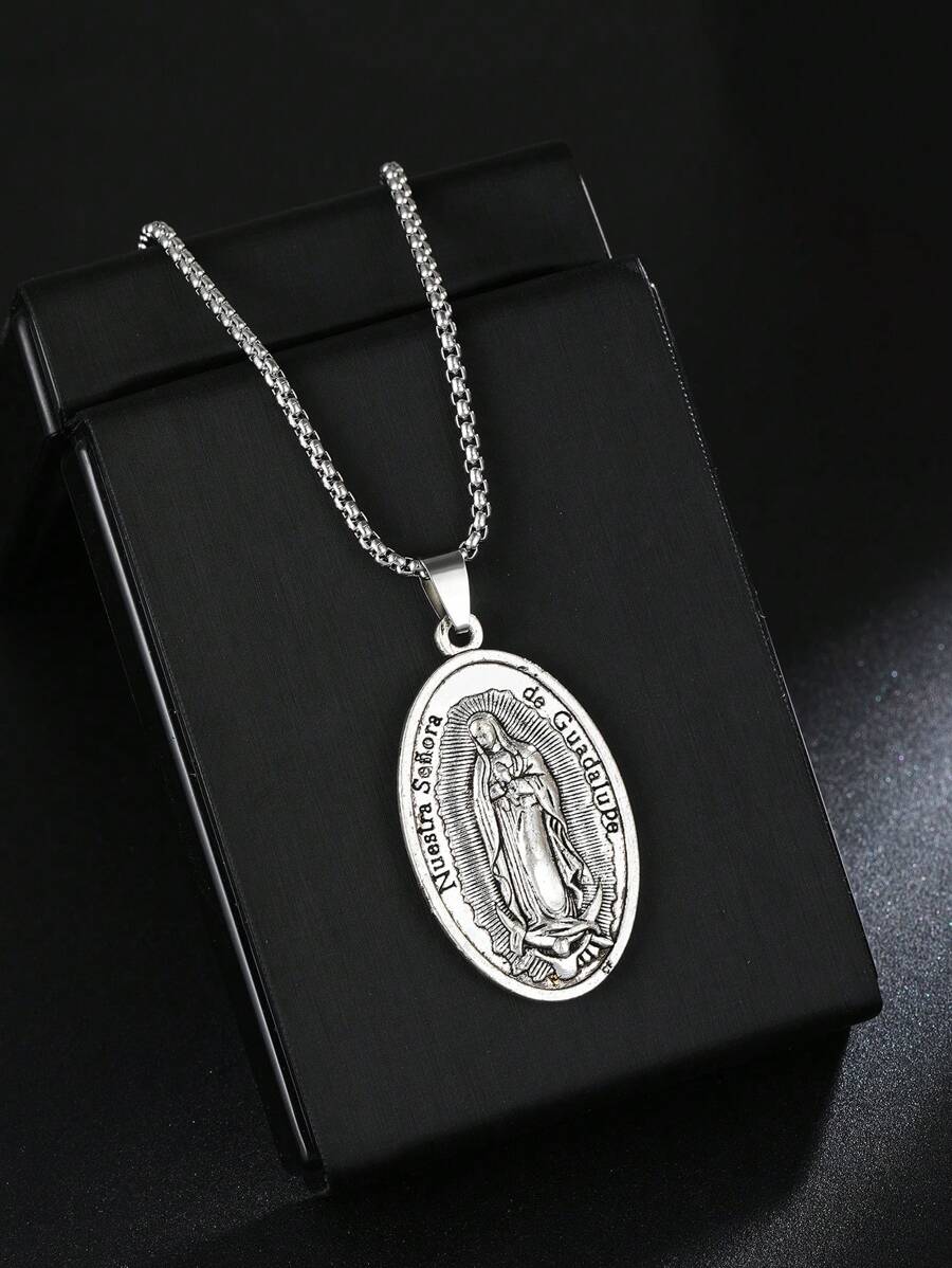 1 Stück Neuer Europäischer & Amerikanischer Legierung Jungfrau Maria Anhänger Halskette, maskulin & elegant ovale Jungfrau Maria Edelstahl Pullover Kette, Unisex Religiöses Geschenk Großhandel für den täglichen Gebrauch
