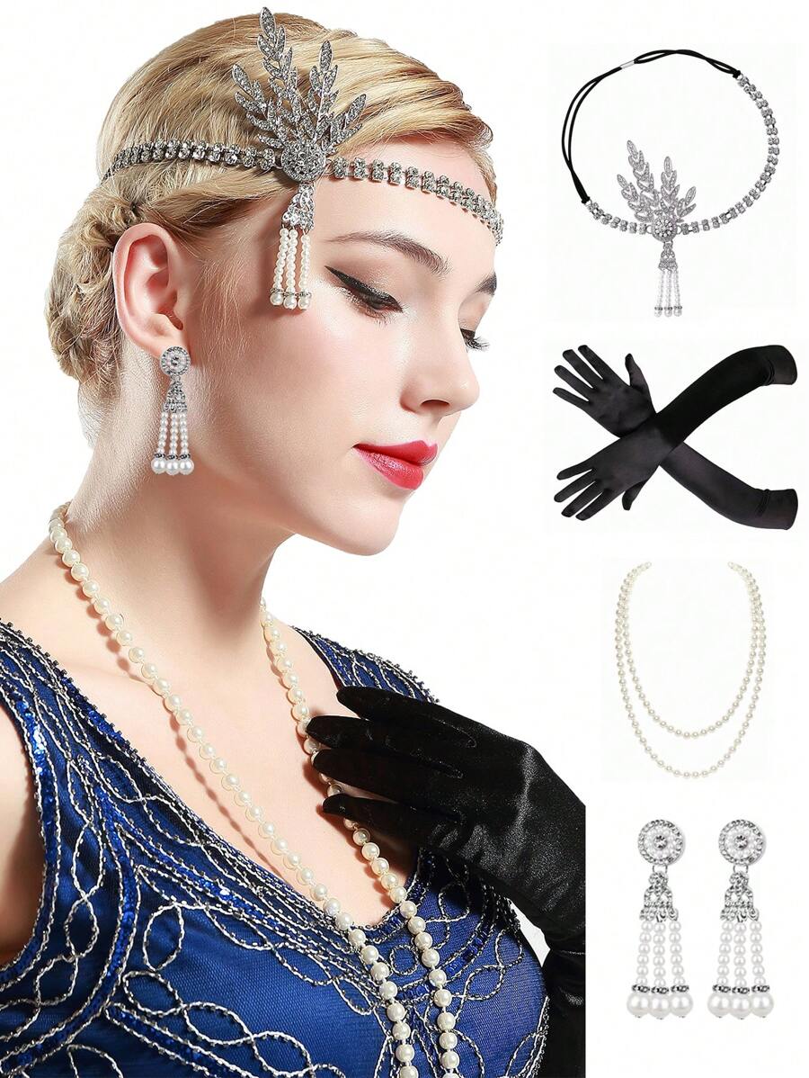 4pcs 1920s Flapper Gatsby Costume Accessories Set 20s Flapper Feather Headband 20s Sequin Shawl Vintage Faux Pearl Necklace Gloves Rhinestone Earrings Party Headpiece For Women Prom