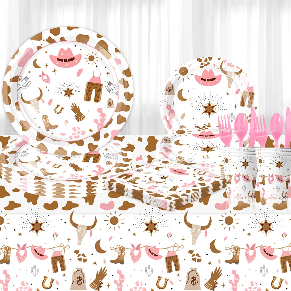 Western Cowgirl Theme Cartoon Pink Cowgirl Pattern Disposable Tableware Set, Including 7/9 Inch Paper Plates, Napkins, Cups, Tablecloth, Suitable For Birthday Party, Wedding, New Year, Party, Picnic Back To School Valentine's Day