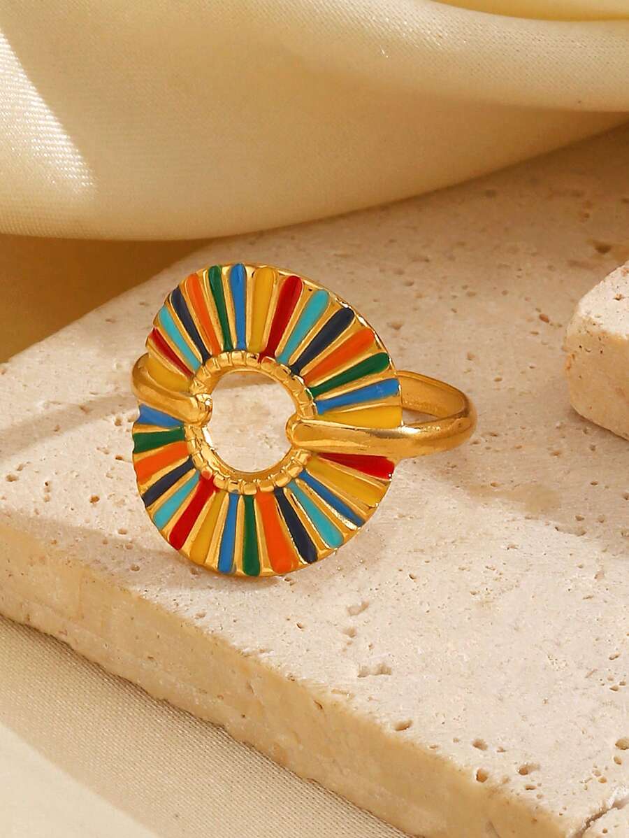 1 peça de aço inoxidável elegante colorido óleo gotejamento anel redondo geométrico, adequado para mulheres uso diário/rua, também como presente para amigos e festivais
