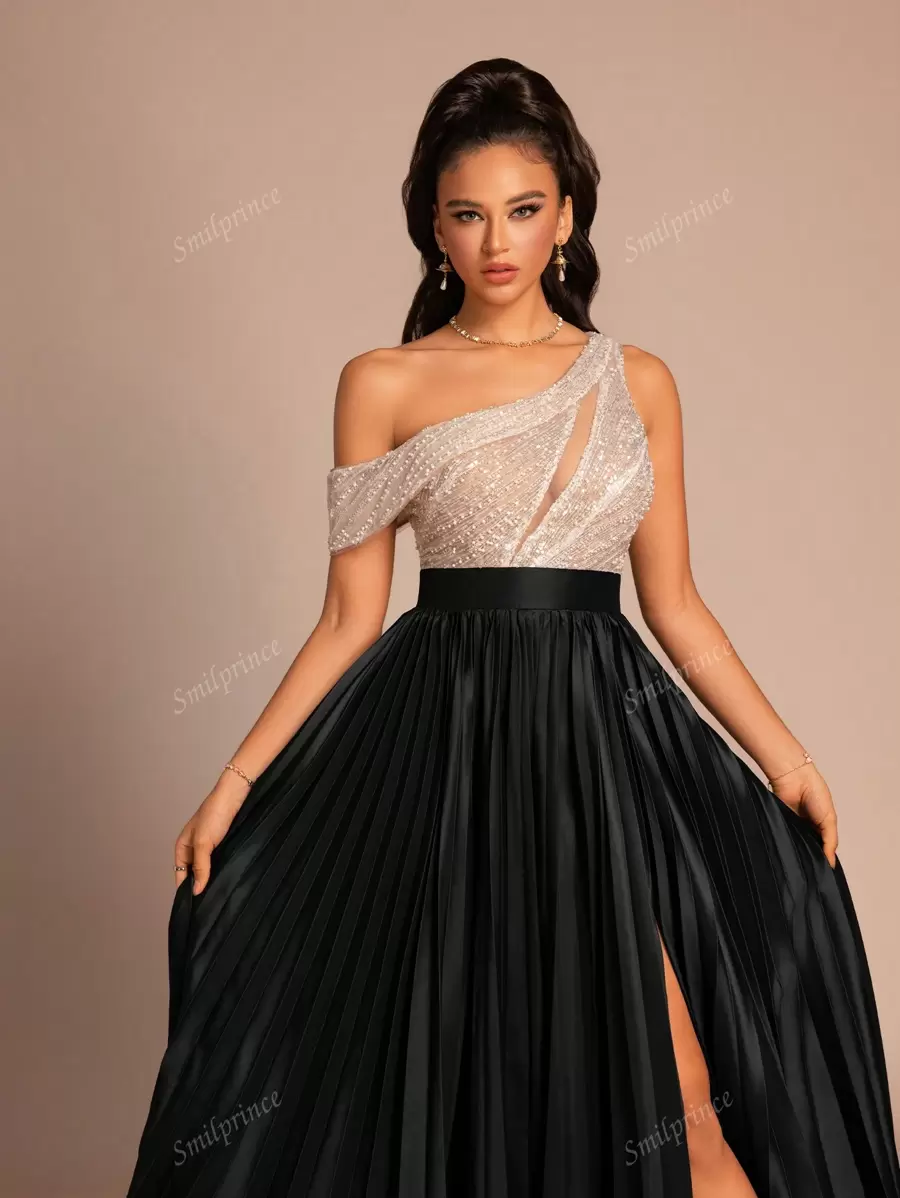 Women Asymmetric Collar Split Sequin Elegant Party Evening Dress With High-End Elegant, Wedding Guest Dress, Formal Dress,Gown