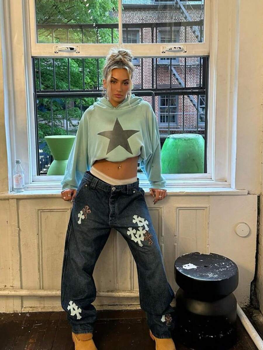 Damen Lässig Stern Muster einfarbig Strick Kapuzen Langarm Crop Sweatshirt Damen Crop Tops