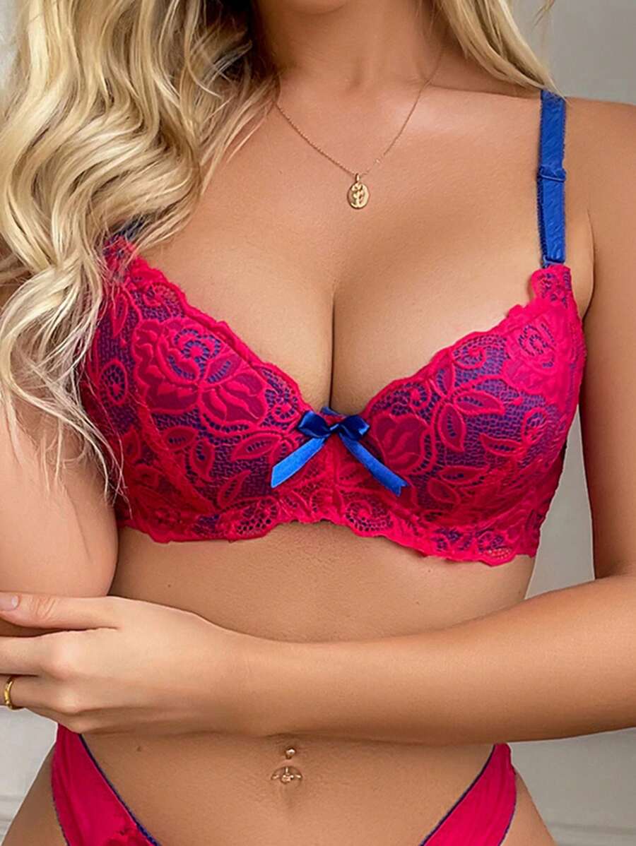 Contrast Color Lace Padded Push Up B Cup Sexy Women Lingerie Bra Underwear