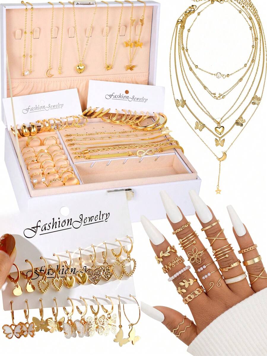 58/21/20/6pcs Fashion Minimalist Elegant Vintage Design Pendant Earrings Set Includes Heart, Butterfly, Star, Moon, Pearl, Infinity, Flower, Leaf Chain, Cross, Wave Charms, Necklace, Ring, Earring, Bracelet, Anklet, Jewelry Gift Set For Holiday, Party, Date Valentines