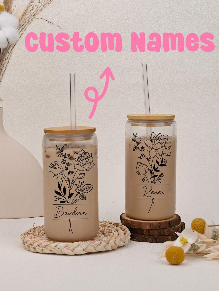 Custom Birth Flowers Cups, Personalized Iced Coffee Cup 16/20oz Glass Cup, Custom Beer Can Glass With Lid And Straw, Glass Can Coffee Cup, Back To School Gift, Birth Flower, To Go Iced Coffee Cup, Birth Flower Cup With Name