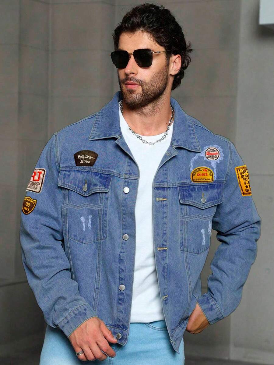 Shendy Vendy Chamarras de Mezclilla para Hombre Fashion Outfit de Caballero Chamarra de Mezclilla con Diseño Clásico de Manga Larga con Bolsillos y Solapa Sin Capucha