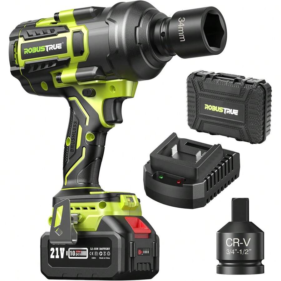 2000N.M(1500 Ft-Lbs) Impact Wrench High Torque, 3/4 To 1/2 Brushless Impact Gun, Cordless Impact Wrench 5.0AH Battery With Fast Charger, Electric Impact Wrench For Heavy-Duty Truck RV
