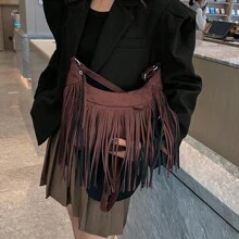 NYXIA Bolso tipo hobo NYXIA con flecos y borlas vintage, bolso bandolera bohemio retro, bolso y bolso de hombro hippie grunge para mujeres