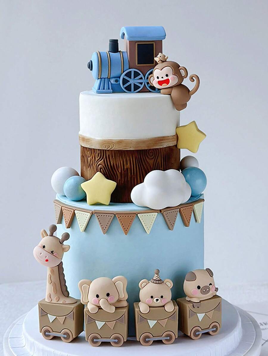 1 pièce Topper de gâteau mignon avec animal de bande dessinée, petit singe, girafe, cochon, éléphant, décoration de gâteau de bande dessinée, train coloré, décoration de gâteau avec drapeau amovible, convient pour l'anniversaire, la révélation du sexe, le baptême, décoration de gâteau, thème animal, réutilisable