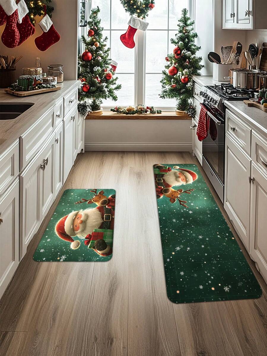 1PC/2PCS Memory Sponge Farmhouse Christmas Kitchen Carpet, Christmas Element Pattern Printing Decoration, Door Door Carpet Anti Slip Back Mat, Bedroom Bathroom Kitchen Floor Mat, Christmas Decoration