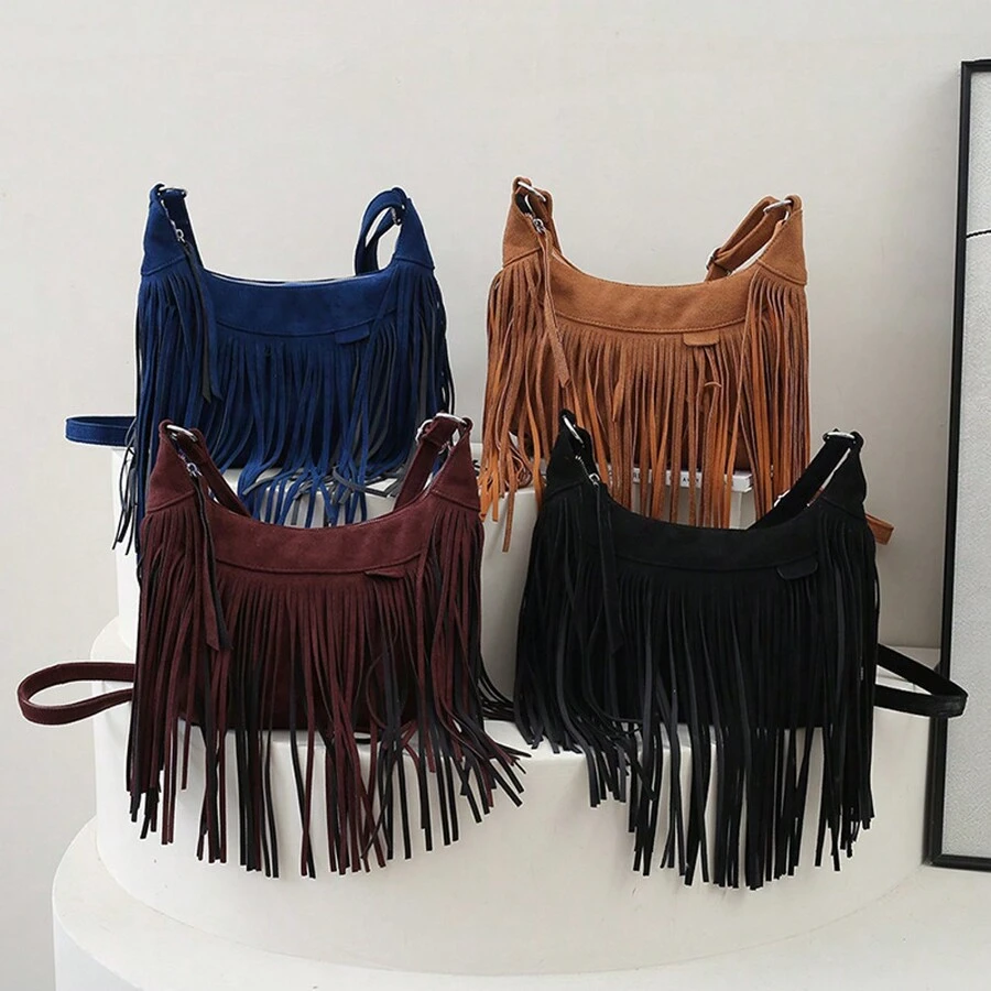 NYXIA Bolso tipo hobo NYXIA con flecos y borlas vintage, bolso bandolera bohemio retro, bolso y bolso de hombro hippie grunge para mujeres