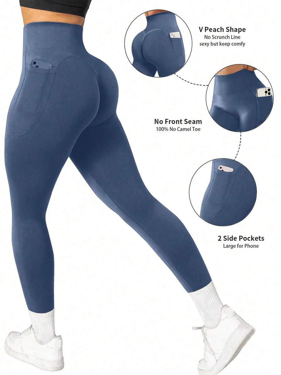 Summer Workout 1pc High Waisted Solid Color Yoga Leggings With Pockets, Suitable For Hiking, Outdoor Sports And Casual
