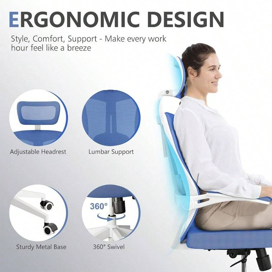Ergonomic Office Chair, High Back Computer Desk Chair Comfortable Lumbar Support - Home Office Swivel Mesh Chair With Adjustable Headrest And Backrest, Flip Armrests,PU Mute Roller, Blue