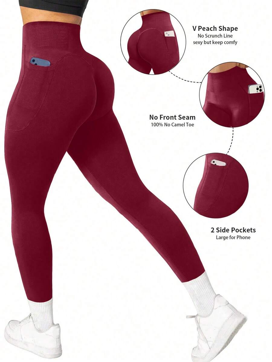 Summer Workout 1pc Plain High Waist Yoga Tight Pants With Pockets, Suitable For Hiking, Outdoor Activities, And Casual Wear