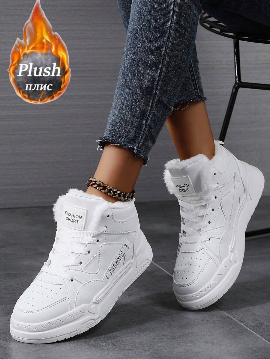 Plus Size Winter Women's Casual Sneakers, Lace Up Soft Sole Flat Comfortable Sports Shoes For Women, Lightweight Add Velvet Keep Warm High-Top Daily Shoes