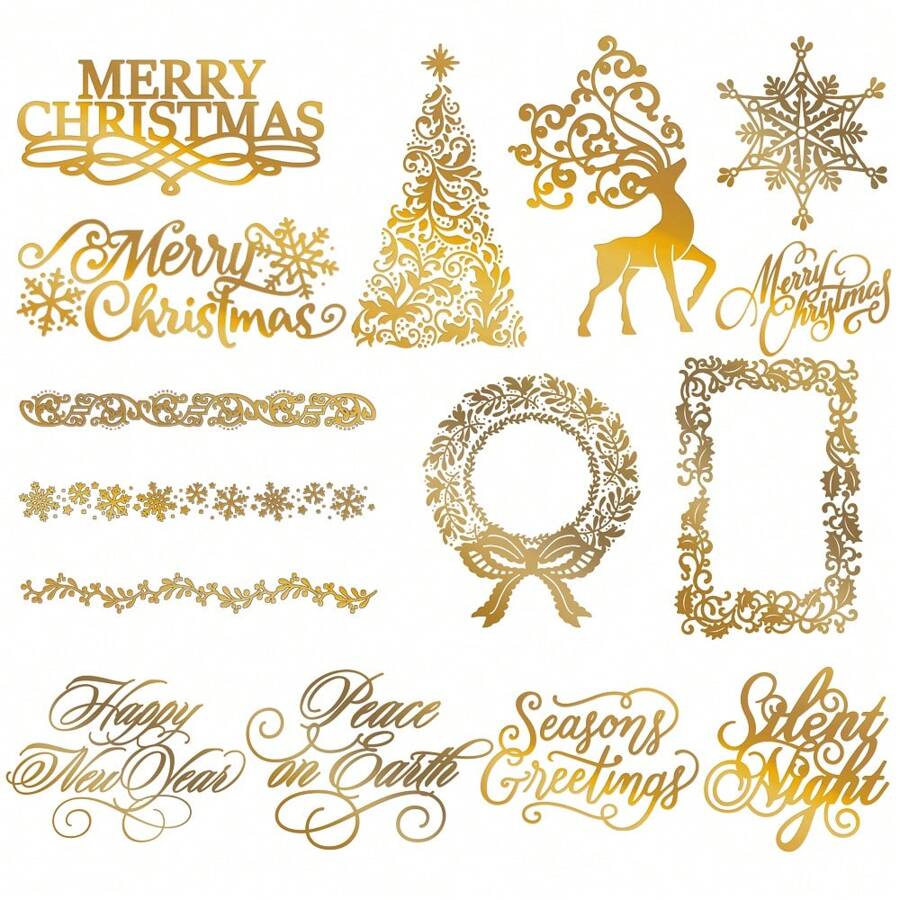 Weihnachten Glimmer Heißfolienplatte, Weihnachtselche, Schneeflocken, Weihnachtsbaum, Frohes Neues Jahr, Frieden auf Erden, Stille Nacht, Weihnachtskranz, Metallfolienplatte für Kartenherstellung, DIY Scrapbooking, Weihnachten