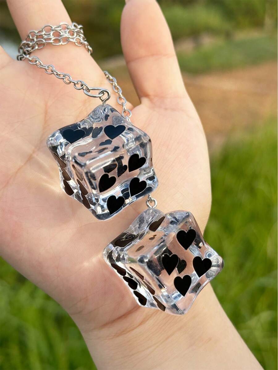 1 Pair Ice Cube Heart Shaped Glittery Dice Car Rearview Mirror Hanging Ornament, Cute Automotive Accessories