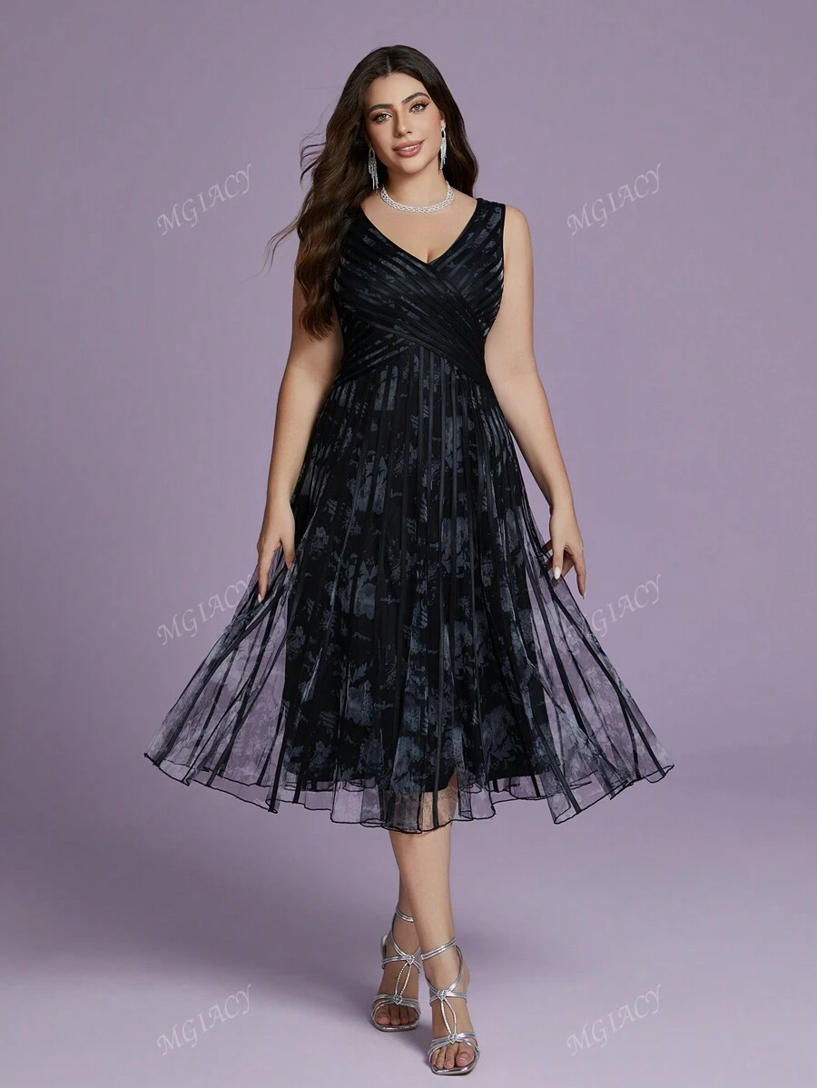 Mgiacy Plus Size V-Neck Cruz Floral Impresso Malha Vestido Formal, Vestido de Casamento Evento Vestido de Festa Vestido de Convidado de Casamento Vestido de Noite