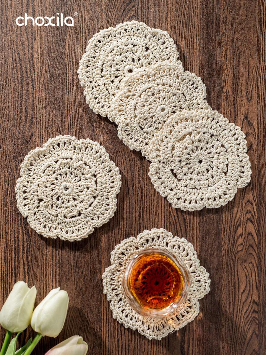 choxila 1pc/5pcs Cup Cushion, Place Mat, Lace Crochet Thread Coaster, Handmade Bowl Mat, Dining Mat, Desktop Retro Decorative Mat Best Gifts Birthday Graduation