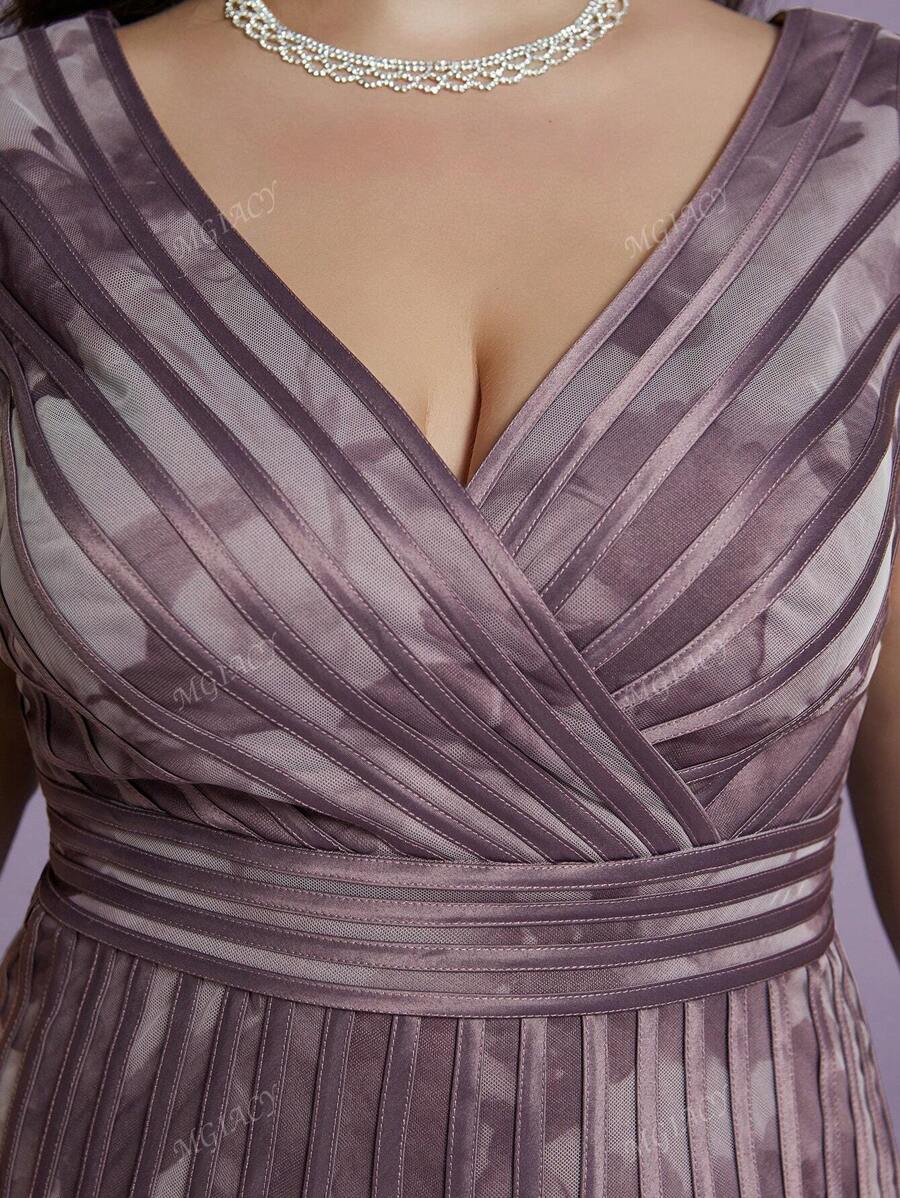 Vestido formal plus size com decote em V, sem mangas, estampado, malha transparente, vestido de festa, vestido de convidado de casamento, vestido de noite