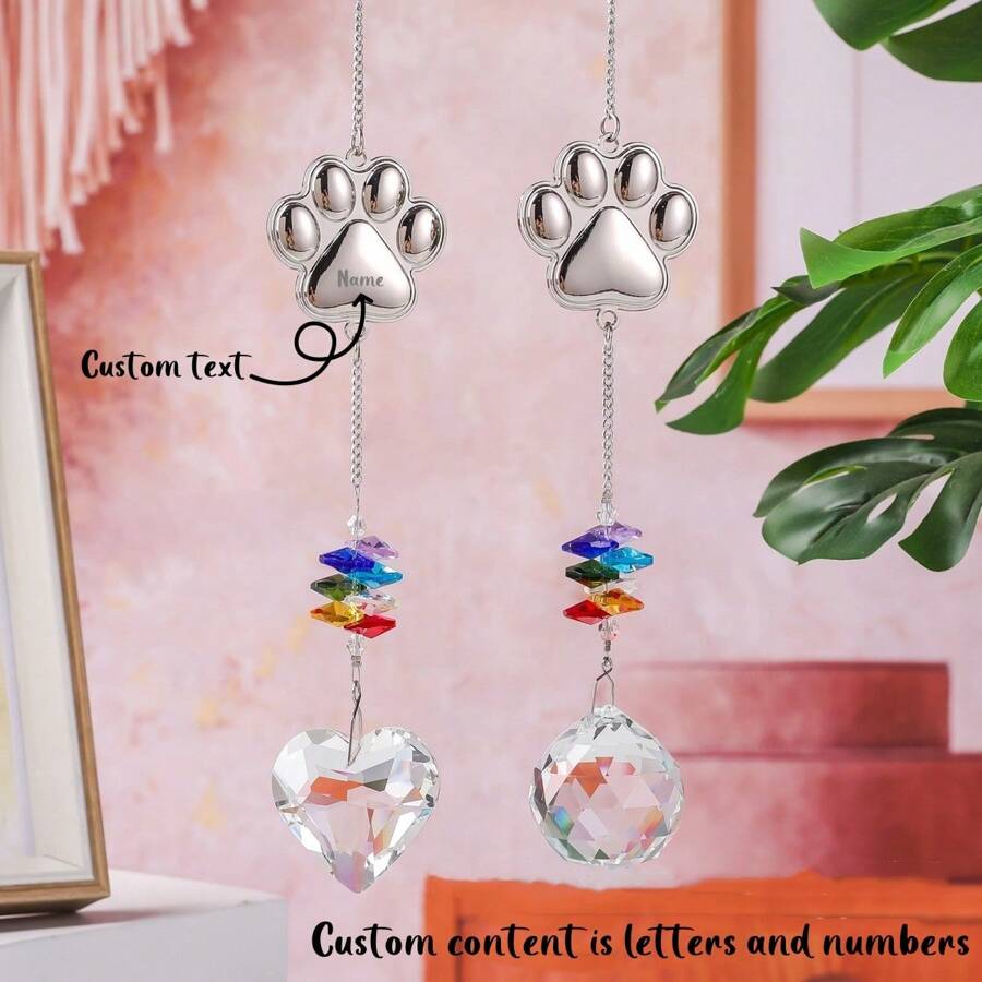 Customized Pet Memorial Ornament, Can Be Engraved With Name, Date - Metal Dog Paw Cat Paw Shaped Sun Catcher Crystal Pendant, DIY Sentimental Memento