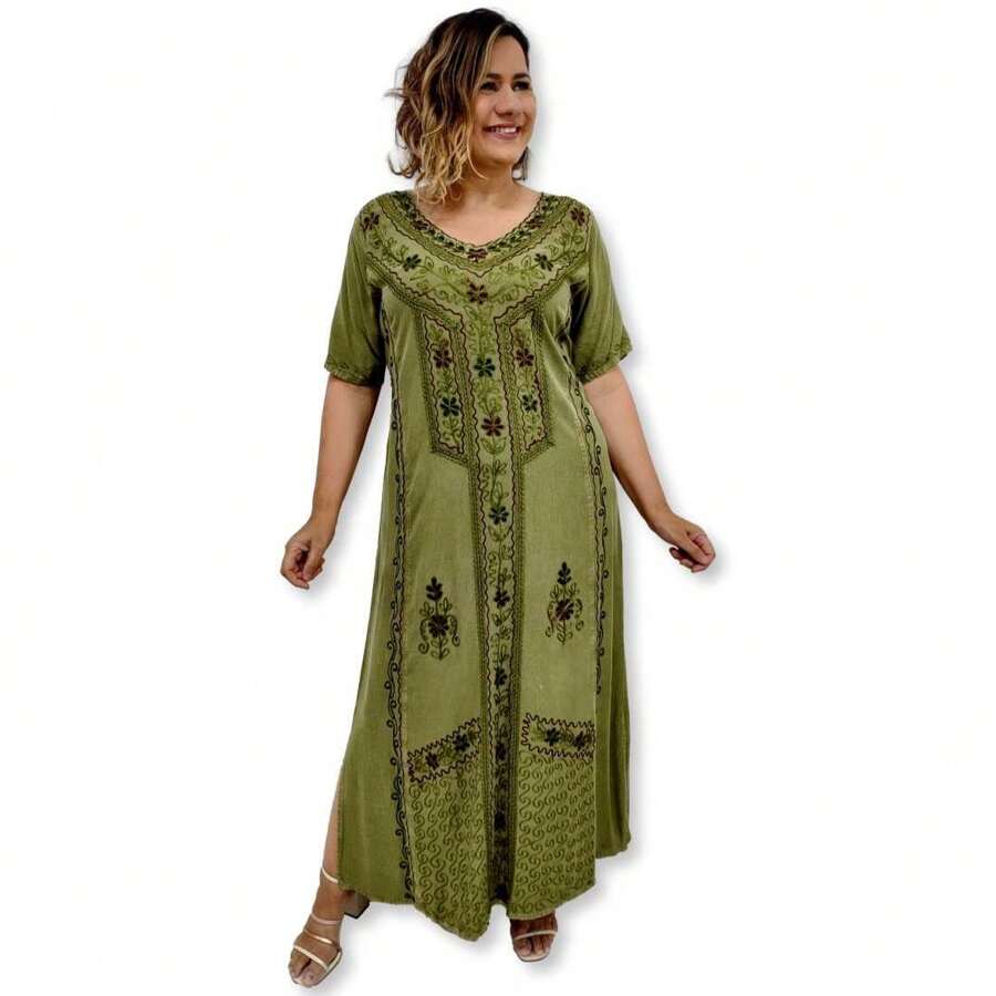 Vestido Longo Indiano Manga Curta Bordado Cinto nas costas