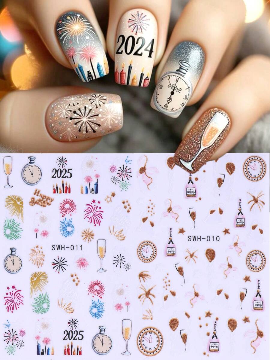 Naklejki na paznokcie z motywem fajerwerków 2 szt. Złoty brokat Kolorowy kreskówka kokarda na kieliszek do wina DIY Zima Boże Narodzenie Nowy Rok Holograficzny samoprzylepny żel do paznokci Naklejki suwaki Dekoracja paznokci