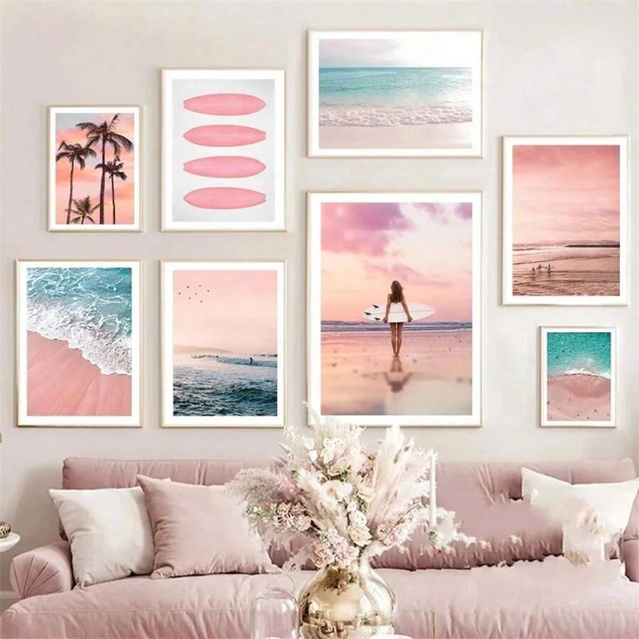 1pc Roze Strand Oceaan Canvas Kunstwerk Poster HD Afdrukken Surf Kokosnoot Boom Nordic Wandkunst Foto Woonkamer Slaapkamer Woondecoratie Geen Lijst