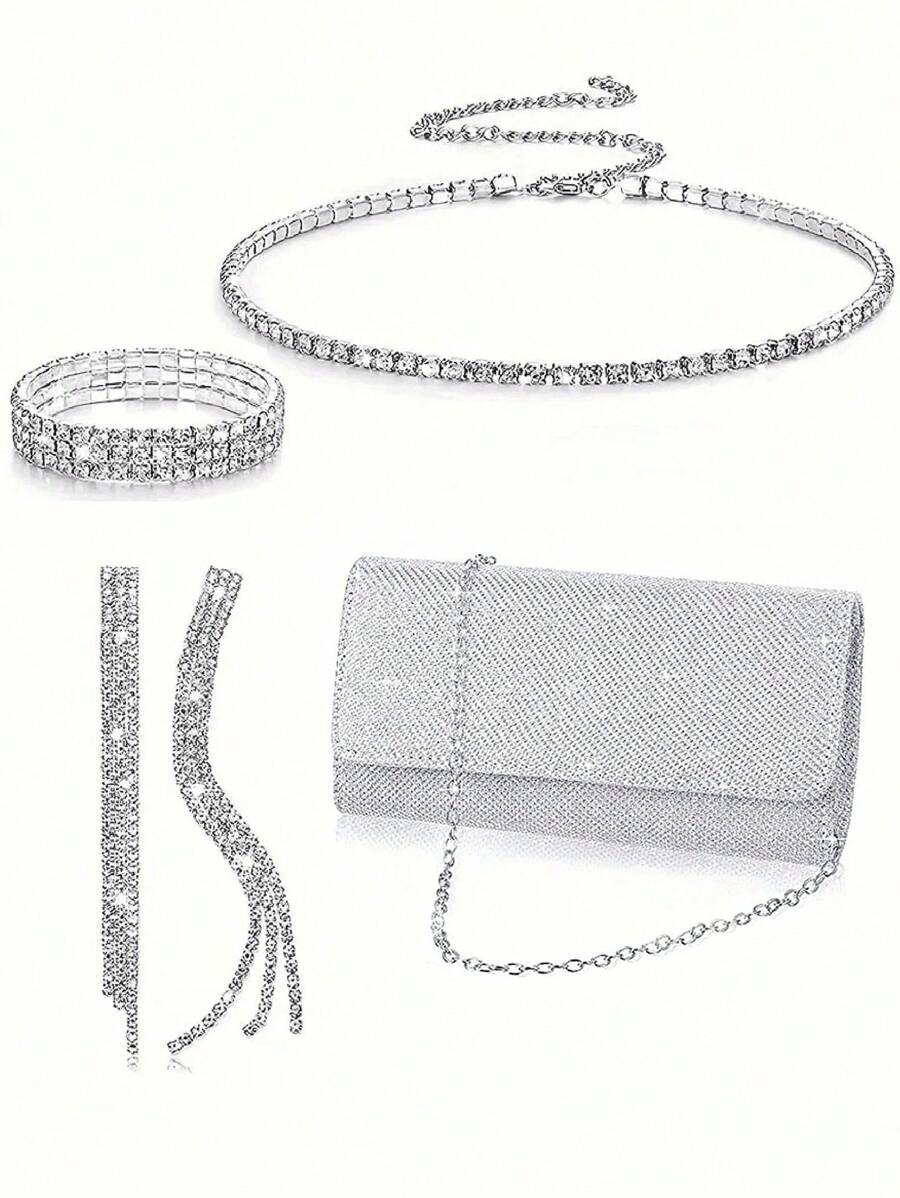Bolsa Elegante e Versátil de Moda Feminina, Bolsa de Ombro com Corrente, Bolsa para Vestido de Noite, Conjunto de Joias de Luxo com Borla e Strass Incluindo Colar, Brincos, Pulseira, 4 Peças/Conjunto