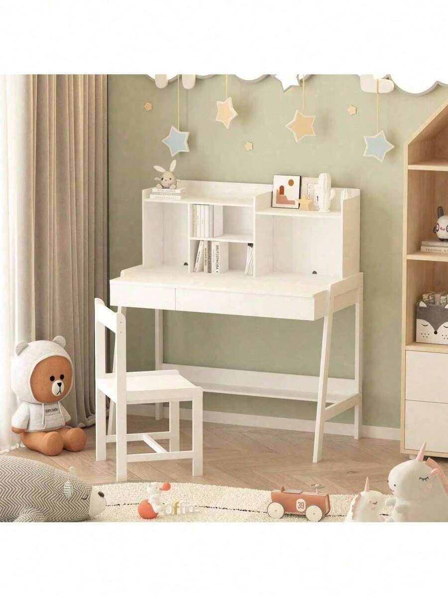 Modern Classic Desk, Children's Desk, Solid Wood Desk, Bedroom Boy And Girl Family Desk And Chair Set, Compact, Multi-Space Available, Multi-Color Optional, Multi-Storage Space, Color:Blue