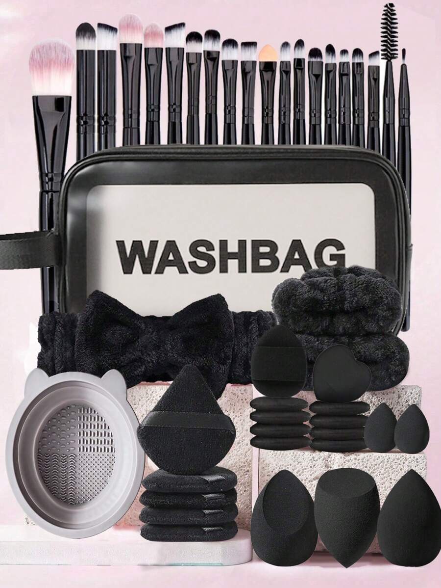 45 Pcs Makeup Brush Set, Includes: 20pcs Makeup Brushes (Foundation, Powder, Eyebrow, Blush, Highlighter, Eyeshadow, Mascara, Eyeliner, Contour, Detail, Nose Shadow, Face), 1 Makeup Bag, 3 Makeup Sponges, 5 Powder Puffs, 10 Finger-Tip Powder Puffs, 3 Mini Makeup Sponges, 1 Makeup Brush Cleaning Palette, Suitable For All Skin Types, Perfect For Summer Makeup
